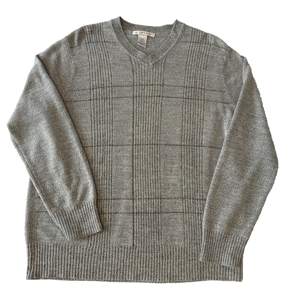 Geoffrey Beene V Neck Plaid Grid Knit Sweater Men's M Preppy Neutral Academia‎